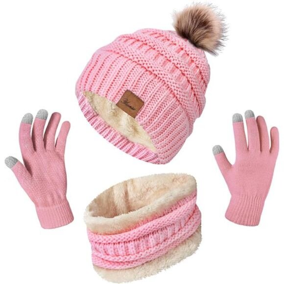 Winter Hat Scarf Touch Screen Gloves Set 3 Pcs Warm Knit Fleece Lined Beanie NEW - Picture 1 of 5